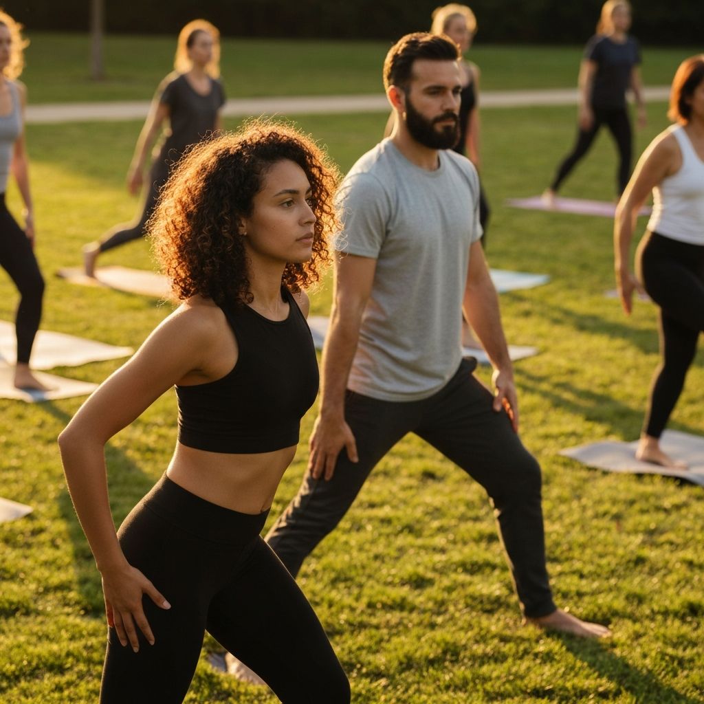 Grupa osoba koja se razvlači u parku - prikaz fizičke aktivnosti